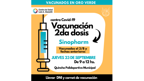 APLICARÁN ESTE JUEVES SEGUNDAS DOSIS DE SINOPHARM
