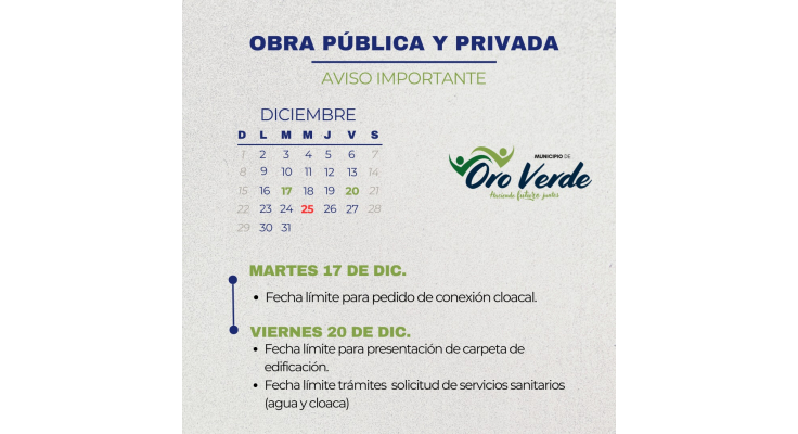 Aviso importante sobre trámites en las áreas de Obra Pública y Privada