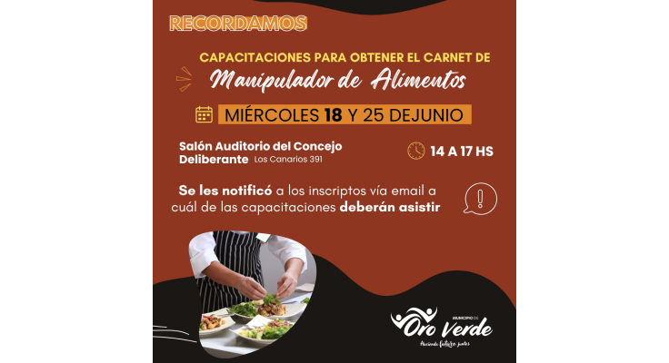 Capacitación para obtener el Carnet de Manipulador de Alimentos este miércoles