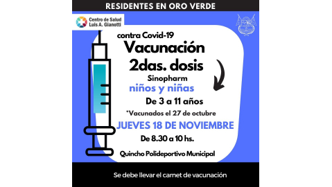 COVID 19: JORNADA ABIERTA DE VACUNACIÓN EL JUEVES 18 DE NOVIEMBRE