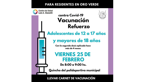 COVID- 19: NUEVA JORNADA DE VACUNACIÓN CON  APLICACIÓN DE REFUERZOS A PERSONAS DE 12 A 17 AÑOS Y MAYORES DE 18 AÑOS