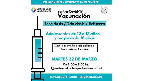 COVID- 19: NUEVA JORNADA DE  VACUNACIÓN EL PRÓXIMO MARTES