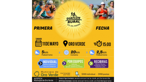 Duatlón rural en Oro Verde este 11 de mayo: carrera de calle y ciclismo