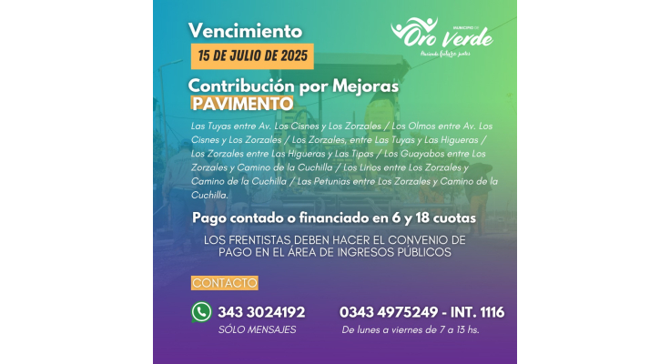 El Municipio informa que 15 de julio vence la contribución por mejoras de Pavimento de diferentes calles