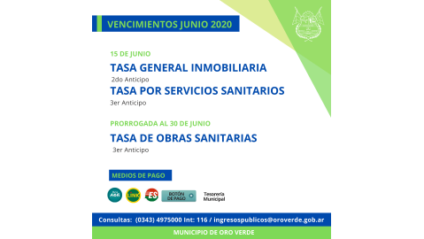 EL MUNICIPIO PRORROGÓ EL VENCIMIENTO DE LA TASA DE OBRAS SANITARIAS