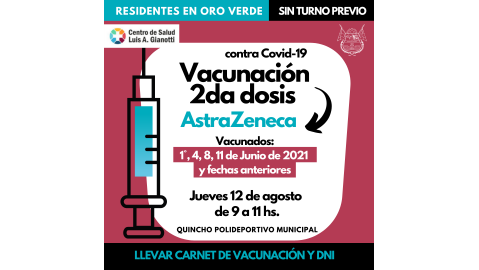 EL PRÓXIMO JUEVES SE APLICARÁN SEGUNDAS DOSIS DE ASTRAZENECA SIN TURNO