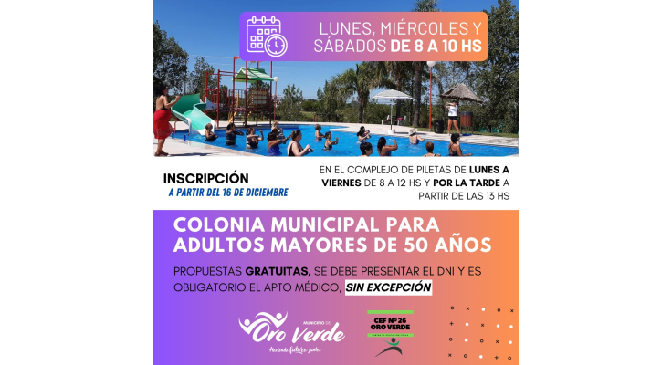 El próximo lunes comienza la inscripción para la Colonia de Adultos mayores de 50 años