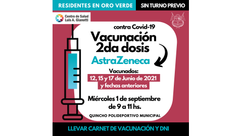 ESTE MIÉRCOLES APLICARÁN SEGUNDAS DOSIS DE ASTRAZENECA SIN TURNO