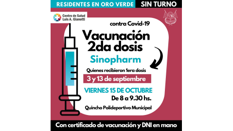 ESTE VIERNES APLICAN SEGUNDAS DOSIS DE SINOPHARM