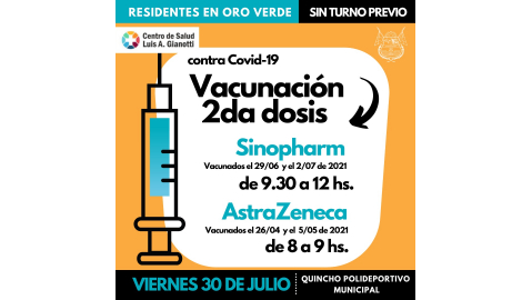 ESTE VIERNES SE APLICARÁN SEGUNDAS DOSIS DE LAS VACUNAS ASTRAZENECA Y SINOPHARM