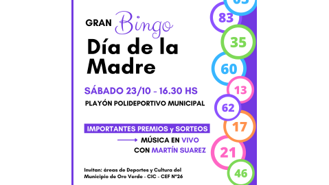 FESTEJAMOS ESTE SÁBADO EL DÍA DE LA MADRE CON UN GRAN BINGO