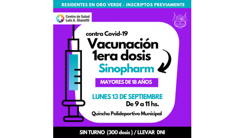 HABRÁ OPERATIVOS DE VACUNACIÓN CONTRA COVID EL VIERNES 10 Y LUNES 13