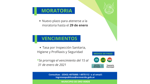 LA MORATORIA MUNICIPAL SE EXTIENDE HASTA EL 29 DE ENERO: LOS VECINOS PODRÁN ADHERIRSE CUANDO REABRA LA ADMINISTRACIÓN