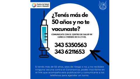 LLAMAN A INSCRIBIRSE Y SOLICITAR TURNO A MAYORES DE 50 AÑOS QUE NO TENGAN NINGUNA DOSIS