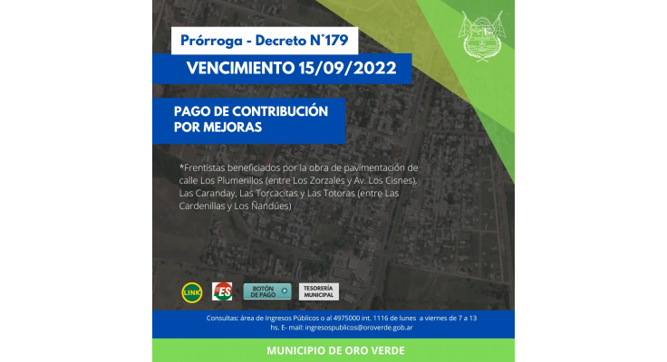 NUEVA PRÓRROGA PARA EL PAGO DE CONTRIBUCIÓN POR MEJORAS