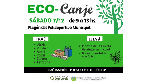 NUEVO ECO CANJE ESTE SÁBADO 7 DE DICIEMBRE: SE RECIBIRÁN RESIDUOS RECUPERABLES Y ELECTRÓNICOS