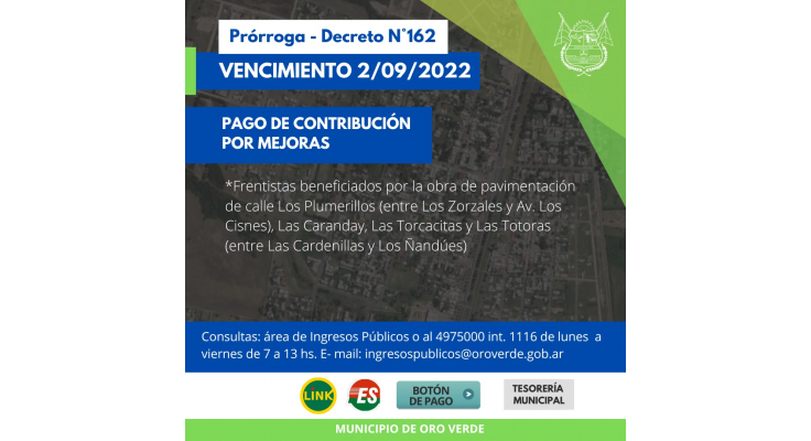 PRÓRROGA PARA EL PAGO DE CONTRIBUCIÓN POR MEJORAS