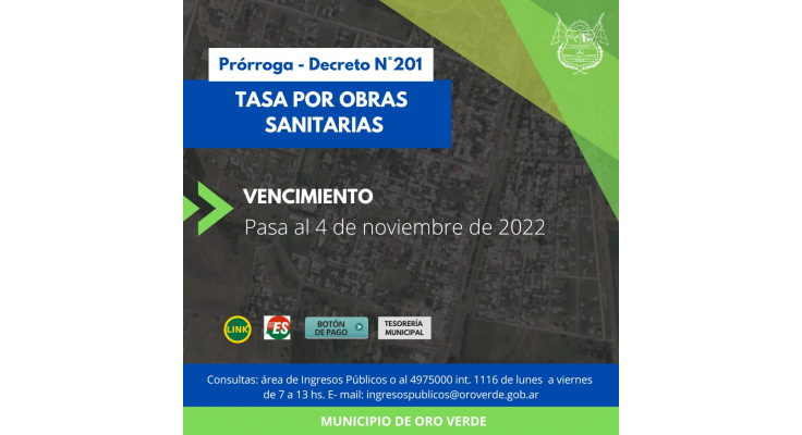 PRORROGAN EL VENCIMIENTO DE LA TASA POR OBRAS SANITARIAS