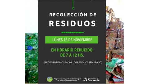 RESIDUOS: RECOLECCIÓN REDUCIDA EL LUNES 18 DE NOVIEMBRE