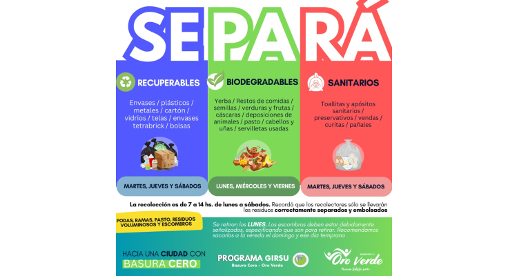 Separación domiciliaria en Oro Verde ¿Qué día debe sacarse cada tipo de residuos?