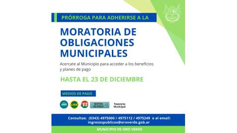 SIGUE VIGENTE LA MORATORIA PARA OBLIGACIONES MUNICIPALES HASTA EL 23 DE DICIEMBRE