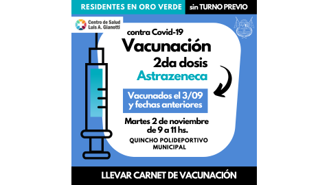 VACUNACIÓN CONTRA COVID- 19: SE APLICARÁN EL PRÓXIMO MARTES SEGUNDAS DOSIS DE ASTRAZENECA