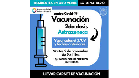 VACUNACIÓN CONTRA COVID- 19: SE APLICARÁN ESTE MARTES SEGUNDAS DOSIS DE ASTRAZENECA
