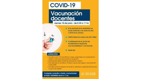 VACUNACIÓN CONTRA EL CORONAVIRUS A DOCENTES CON RESIDENCIA EN ORO VERDE