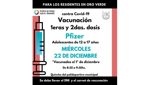 VACUNACIÓN COVID- 19: EL PRÓXIMO MIÉRCOLES SE APLICARÁN PRIMERAS Y SEGUNDAS DOSIS DE PFIZER