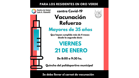 VACUNACIÓN COVID- 19: NUEVA JORNADA CON APLICACIÓN DE REFUERZO PARA MAYORES DE 35 AÑOS