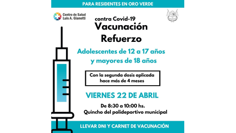 VACUNACIÓN COVID- 19: NUEVA JORNADA  CON  APLICACIÓN DE REFUERZOS A PERSONAS DE 12 A 17 AÑOS Y MAYORES DE 18 AÑOS