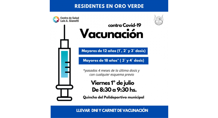 VACUNACIÓN COVID-19: SE APLICARÁN  TERCERAS Y CUARTAS DOSIS ESTE VIERNES 1º DE JULIO